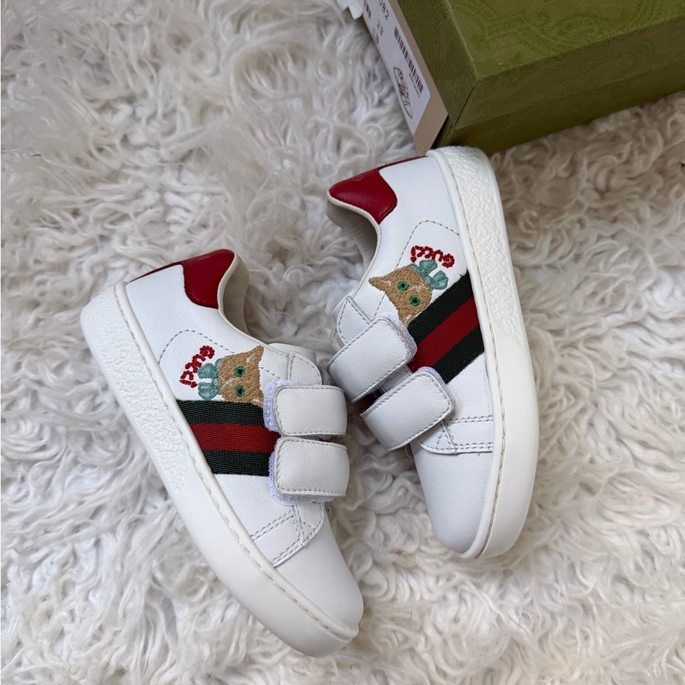 Kids White Leather Sneakers with Red Accent and Cat Patch